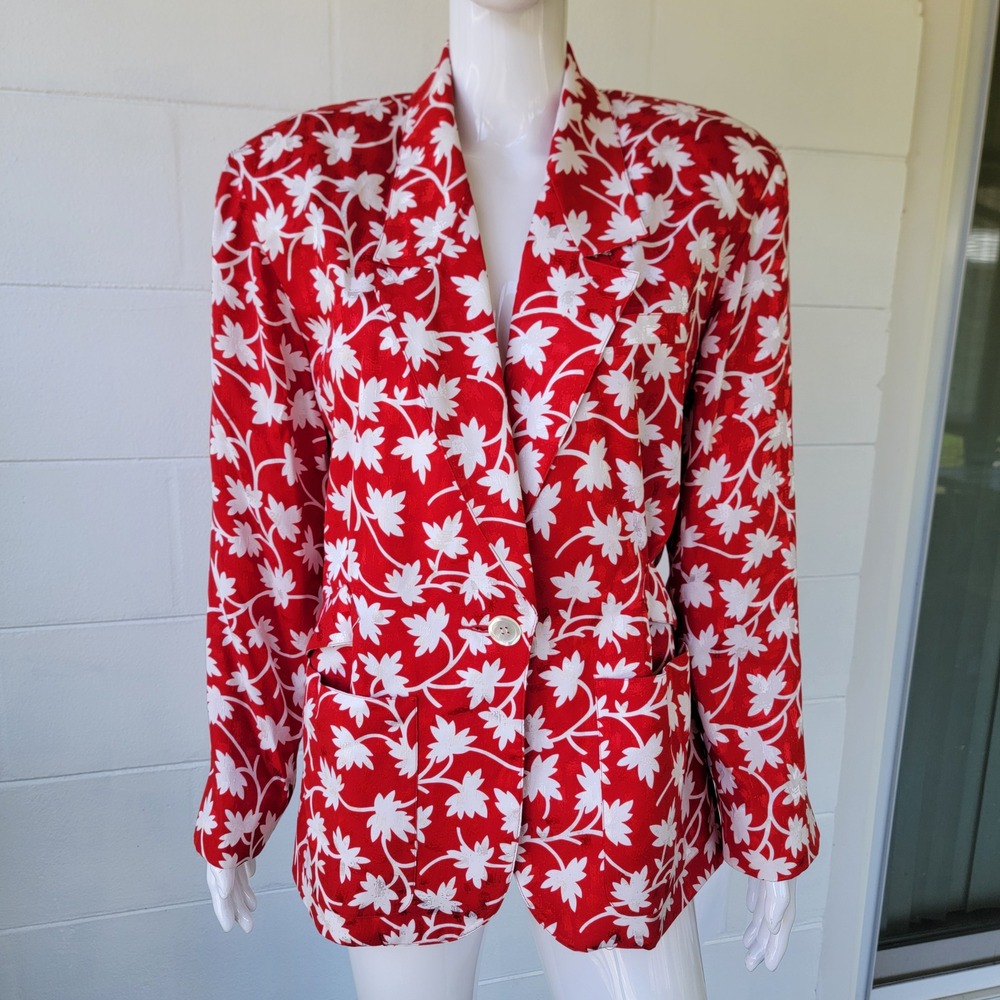Vintage 90s Anne Klein II Blazer Red White Floral Size 10 Silk Power Suit Bold